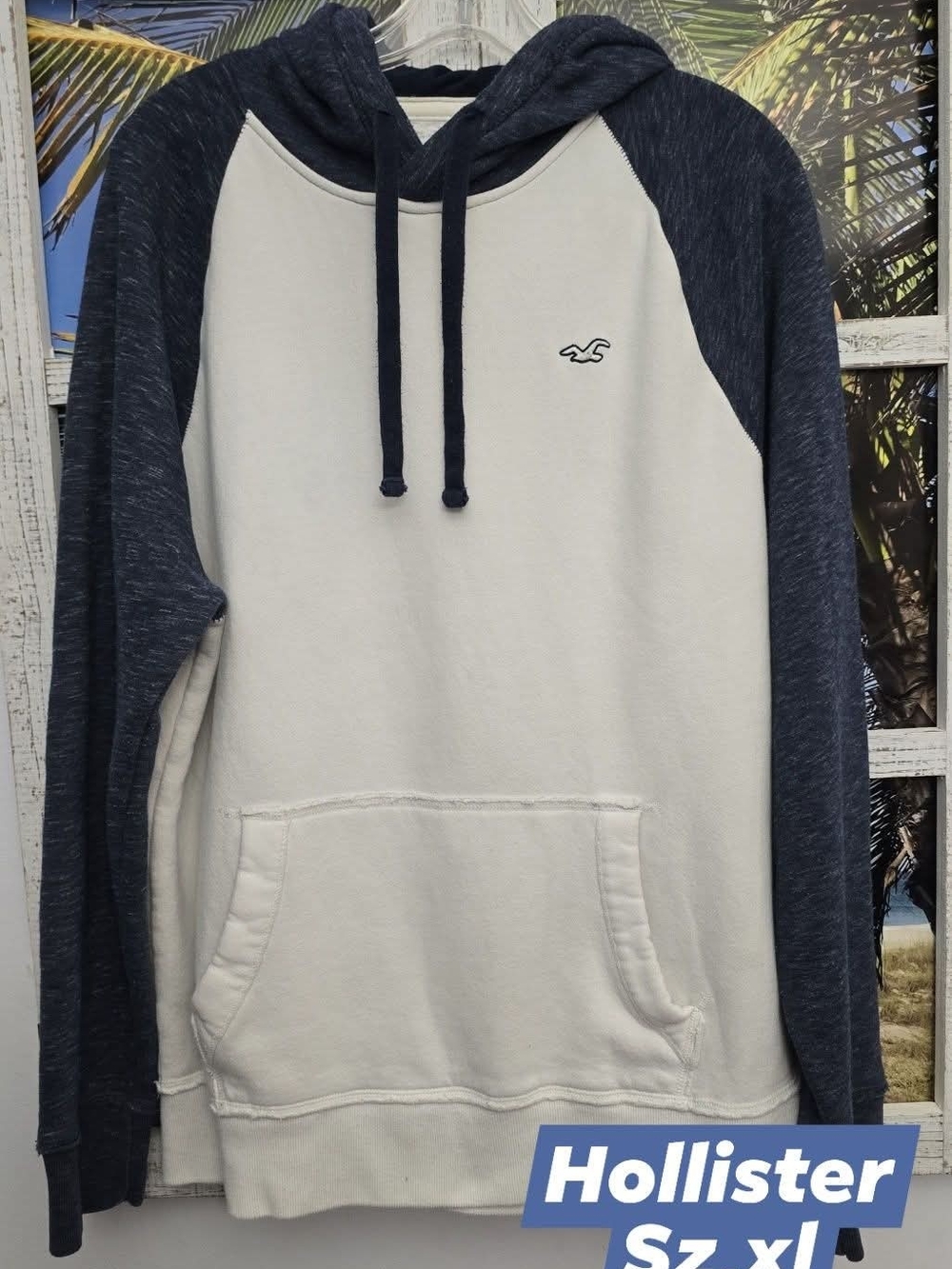 Hollister Men’s Cream Body with Navy Raglan Sleeve Hoodie Sz XL